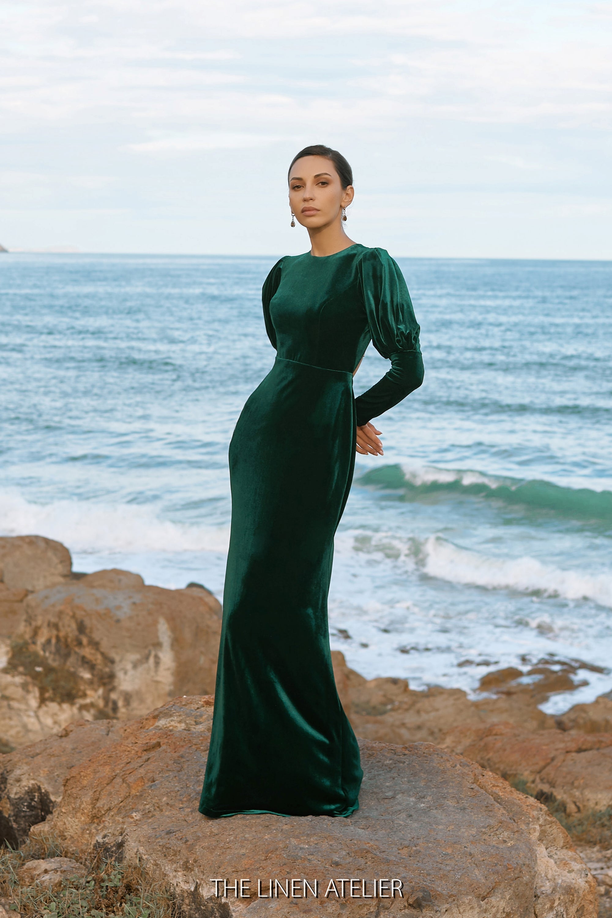Eliza J Surplice V-Neck Long Sleeve Side Slit Ruched Velvet Long Gown |  Dillard's