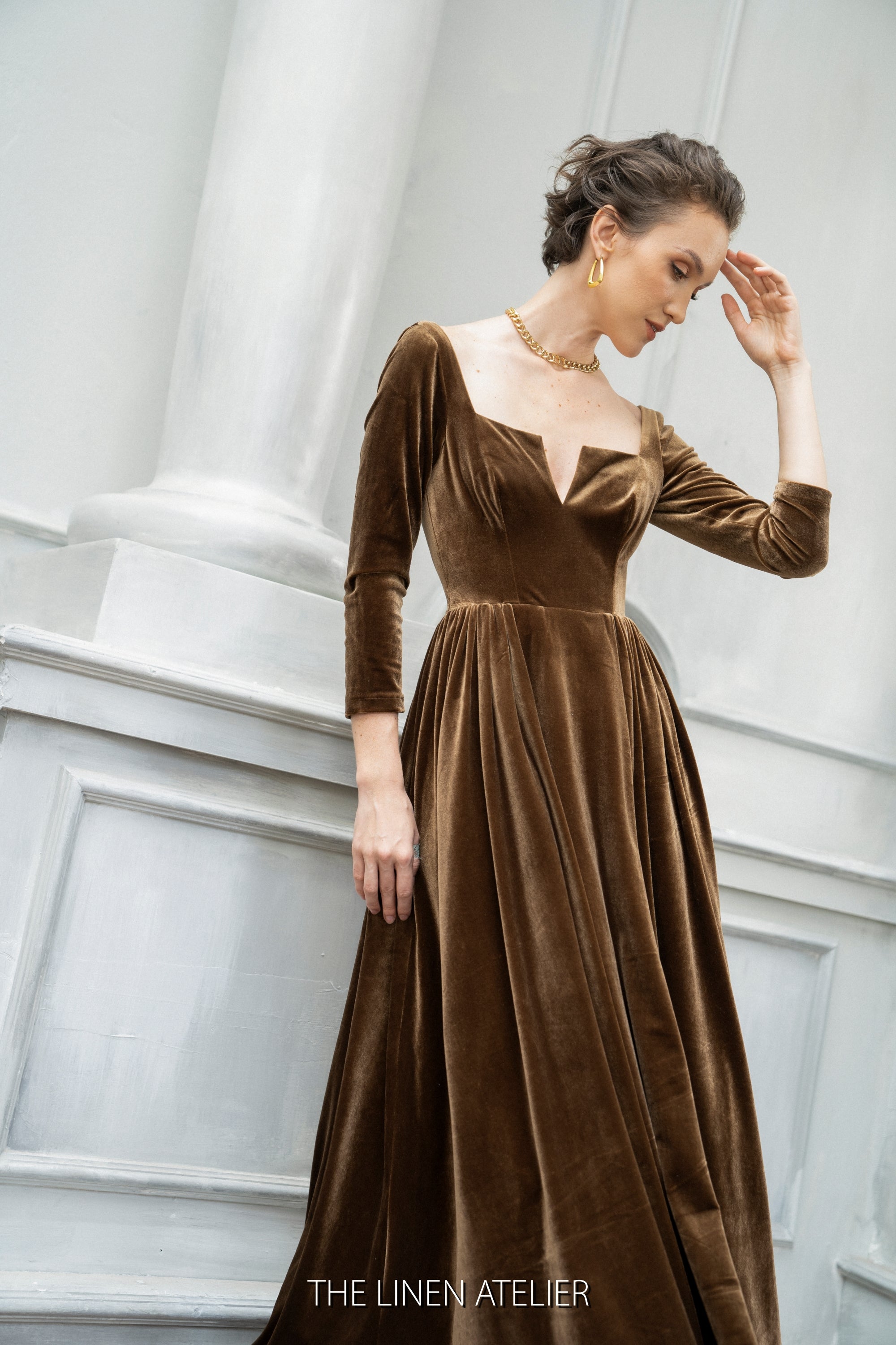 Cutout One-Shoulder Velvet Gown with Skirt Slit | David's Bridal